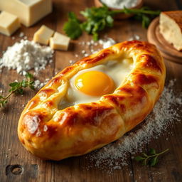 A mouthwatering traditional Georgian khachapuri, a cheese-filled bread; the crust is golden brown and perfectly baked, with melted cheese bubbling out of the center