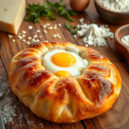 A mouthwatering traditional Georgian khachapuri, a cheese-filled bread; the crust is golden brown and perfectly baked, with melted cheese bubbling out of the center