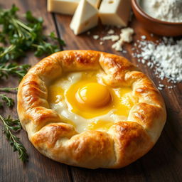 A mouthwatering traditional Georgian khachapuri, a cheese-filled bread; the crust is golden brown and perfectly baked, with melted cheese bubbling out of the center