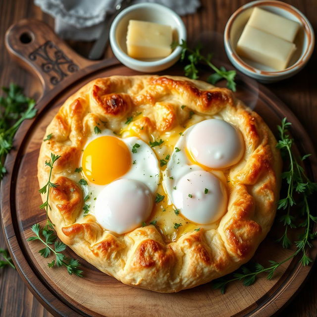 A beautifully styled khachapuri, showcasing fully cooked eggs on top, melted cheese that appears perfectly blended and grated, and a golden crust that is fluffy and inviting