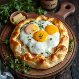 A beautifully styled khachapuri, showcasing fully cooked eggs on top, melted cheese that appears perfectly blended and grated, and a golden crust that is fluffy and inviting