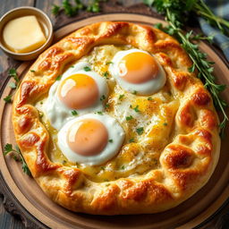A beautifully styled khachapuri, showcasing fully cooked eggs on top, melted cheese that appears perfectly blended and grated, and a golden crust that is fluffy and inviting