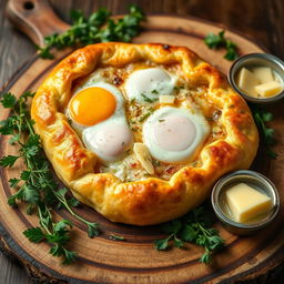 A beautifully styled khachapuri, showcasing fully cooked eggs on top, melted cheese that appears perfectly blended and grated, and a golden crust that is fluffy and inviting