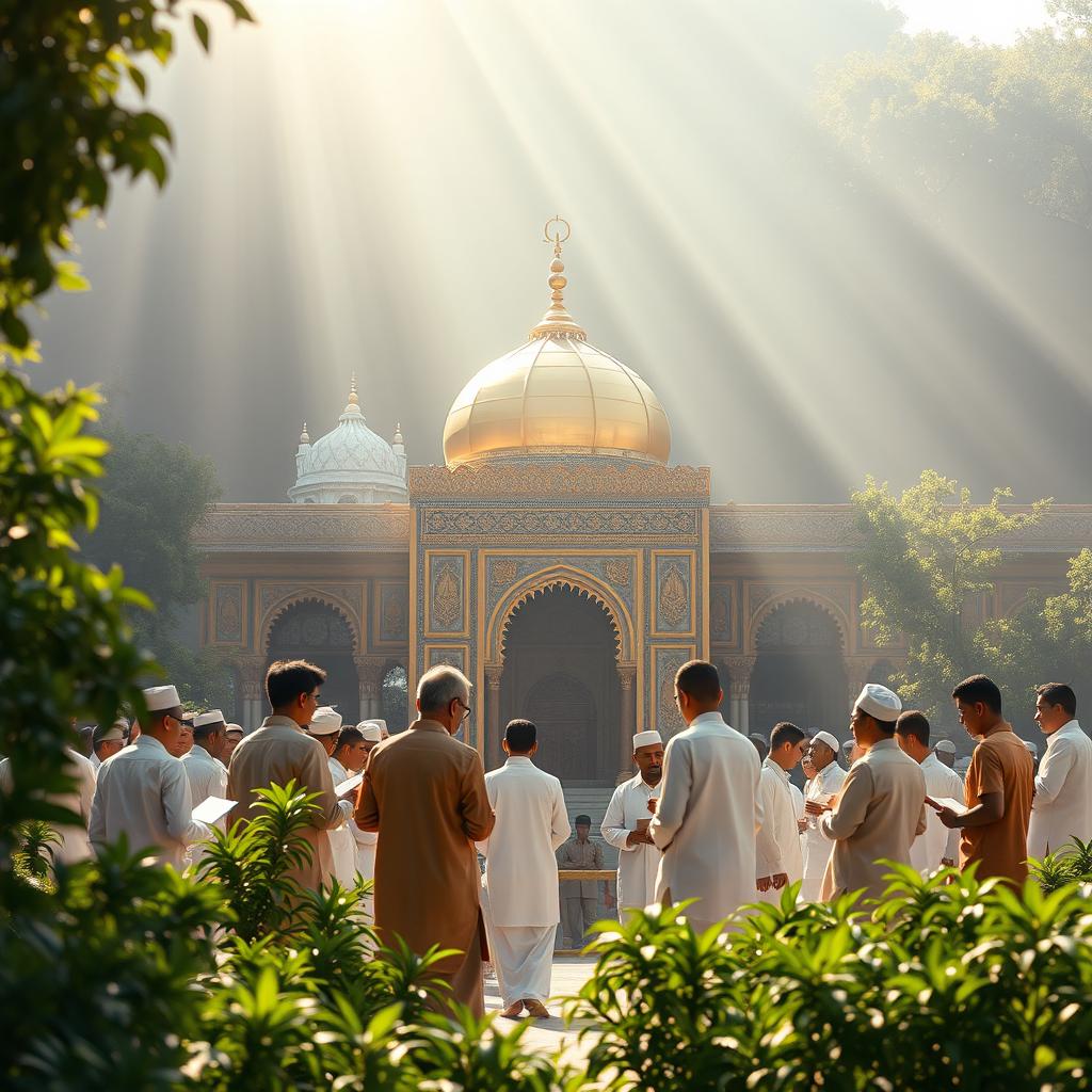 A serene and atmospheric image depicting an Islamic holy shrine surrounded by young male students