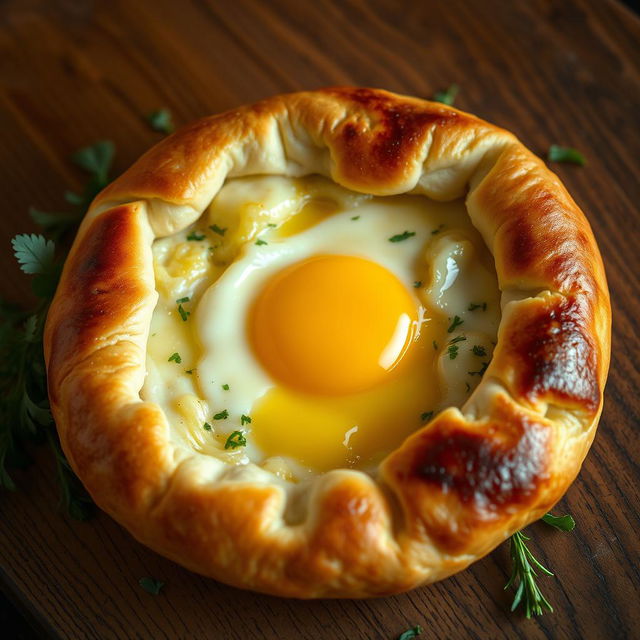 A beautifully presented khachapuri, a traditional Georgian cheese-filled bread, with a perfectly cooked egg in the center