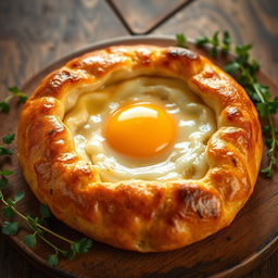 A beautifully presented khachapuri, a traditional Georgian cheese-filled bread, with a perfectly cooked egg in the center