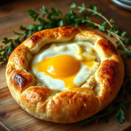 A beautifully presented khachapuri, a traditional Georgian cheese-filled bread, with a perfectly cooked egg in the center