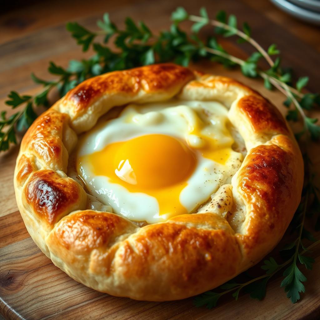 A beautifully presented khachapuri, a traditional Georgian cheese-filled bread, with a perfectly cooked egg in the center