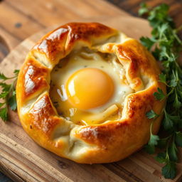 A beautifully presented khachapuri, a traditional Georgian cheese-filled bread, with a perfectly cooked egg in the center