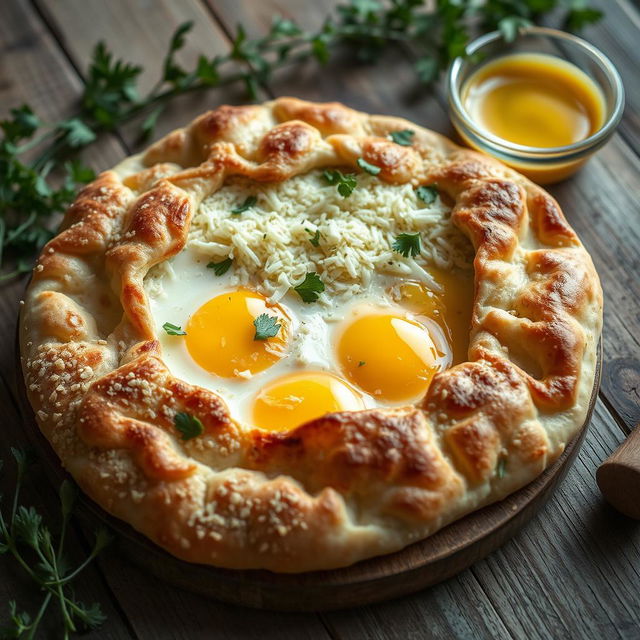 Delicious khachapuri filled with fully cooked eggs, topped with grated cheese