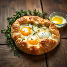 Delicious khachapuri filled with fully cooked eggs, topped with grated cheese