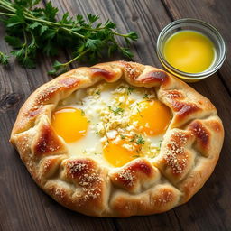 Delicious khachapuri filled with fully cooked eggs, topped with grated cheese