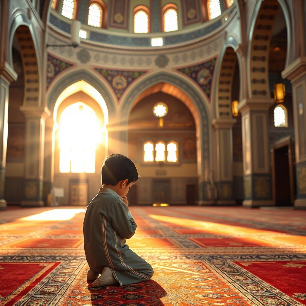 A serene scene inside the historic Al-Aqsa Mosque in Jerusalem, showcasing a 10-year-old boy with dark hair, dressed in traditional Middle Eastern attire, kneeling on a colorful prayer rug