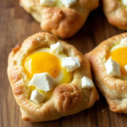 Delicious whole wheat pastries filled with perfectly cooked eggs and chunks of feta cheese, beautifully arranged on a wooden table