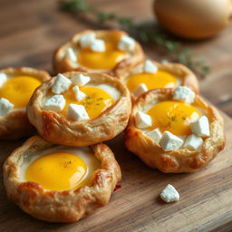 Delicious whole wheat pastries filled with perfectly cooked eggs and chunks of feta cheese, beautifully arranged on a wooden table