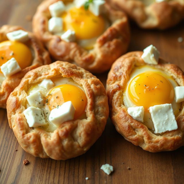 Delicious whole wheat pastries filled with perfectly cooked eggs and chunks of feta cheese, beautifully arranged on a wooden table