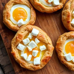 Delicious whole wheat pastries filled with perfectly cooked eggs and chunks of feta cheese, beautifully arranged on a wooden table