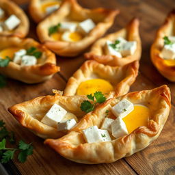 Whole wheat pastry shaped like boats, filled with fully cooked eggs and pieces of feta cheese