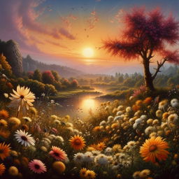 Brighten the mood of the vibrant John William North-style landscape painting, infusing it with cheerful elements like blooming flowers, chirping birds, and a dazzling sun.