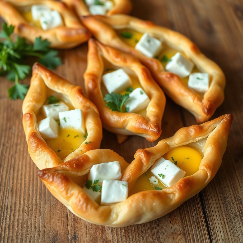 Whole wheat pastry shaped like boats, filled with fully cooked eggs and pieces of feta cheese