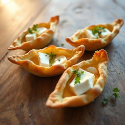 Whole wheat pastry shaped like boats, filled with fully cooked eggs and pieces of feta cheese
