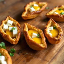 Whole wheat pastry shaped like boats, filled with fully cooked eggs and pieces of feta cheese