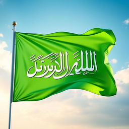 A vibrant green flag featuring the text "یا حسین (ع)" in elegant calligraphy