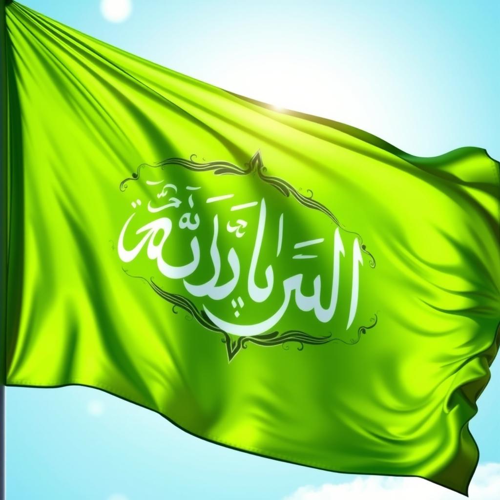 A vibrant green flag featuring the text "یا حسین (ع)" in elegant calligraphy