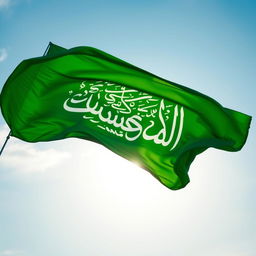 A vibrant green flag featuring the text "یا حسین (ع)" in elegant calligraphy