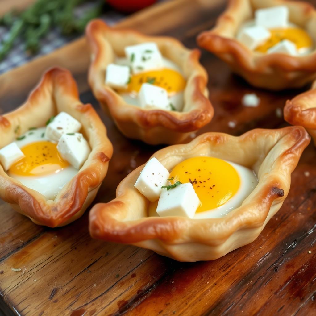 Delicious whole wheat pastries shaped like boats, filled with fully cooked eggs and chunks of creamy feta cheese, beautifully baked to a golden perfection with a crispy crust