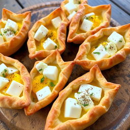 Delicious whole wheat pastries shaped like boats, filled with fully cooked eggs and chunks of creamy feta cheese, beautifully baked to a golden perfection with a crispy crust