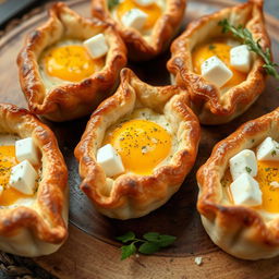Delicious whole wheat pastries shaped like boats, filled with fully cooked eggs and chunks of creamy feta cheese, beautifully baked to a golden perfection with a crispy crust