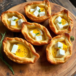 Delicious whole wheat pastries shaped like boats, filled with fully cooked eggs and chunks of creamy feta cheese, beautifully baked to a golden perfection with a crispy crust