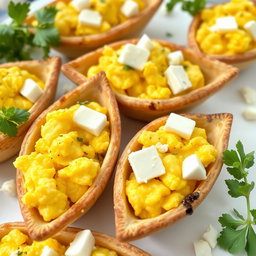 Whole wheat pastry boats filled with fully cooked scrambled eggs, perfectly fluffy and golden in color, accompanied by pieces of creamy feta cheese