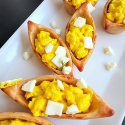 Whole wheat pastry boats filled with fully cooked scrambled eggs, perfectly fluffy and golden in color, accompanied by pieces of creamy feta cheese