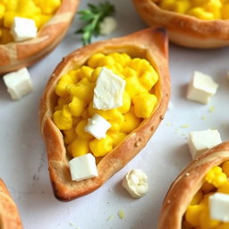 Whole wheat pastry boats filled with fully cooked scrambled eggs, perfectly fluffy and golden in color, accompanied by pieces of creamy feta cheese