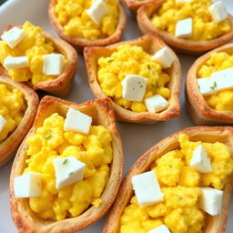 Whole wheat pastry boats filled with fully cooked scrambled eggs, perfectly fluffy and golden in color, accompanied by pieces of creamy feta cheese
