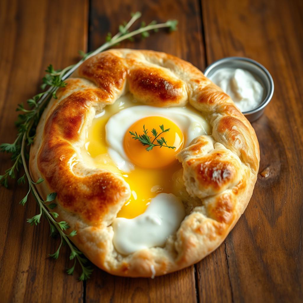 A delicious khachapuri, a traditional Georgian cheese bread filled with melted cheese and topped with an egg yolk, resting on a rustic wooden table