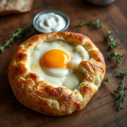 A delicious khachapuri, a traditional Georgian cheese bread filled with melted cheese and topped with an egg yolk, resting on a rustic wooden table