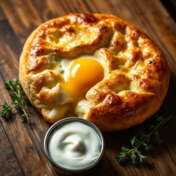 A delicious khachapuri, a traditional Georgian cheese bread filled with melted cheese and topped with an egg yolk, resting on a rustic wooden table