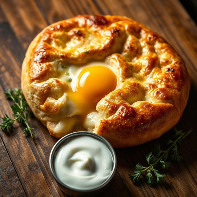A delicious khachapuri, a traditional Georgian cheese bread filled with melted cheese and topped with an egg yolk, resting on a rustic wooden table
