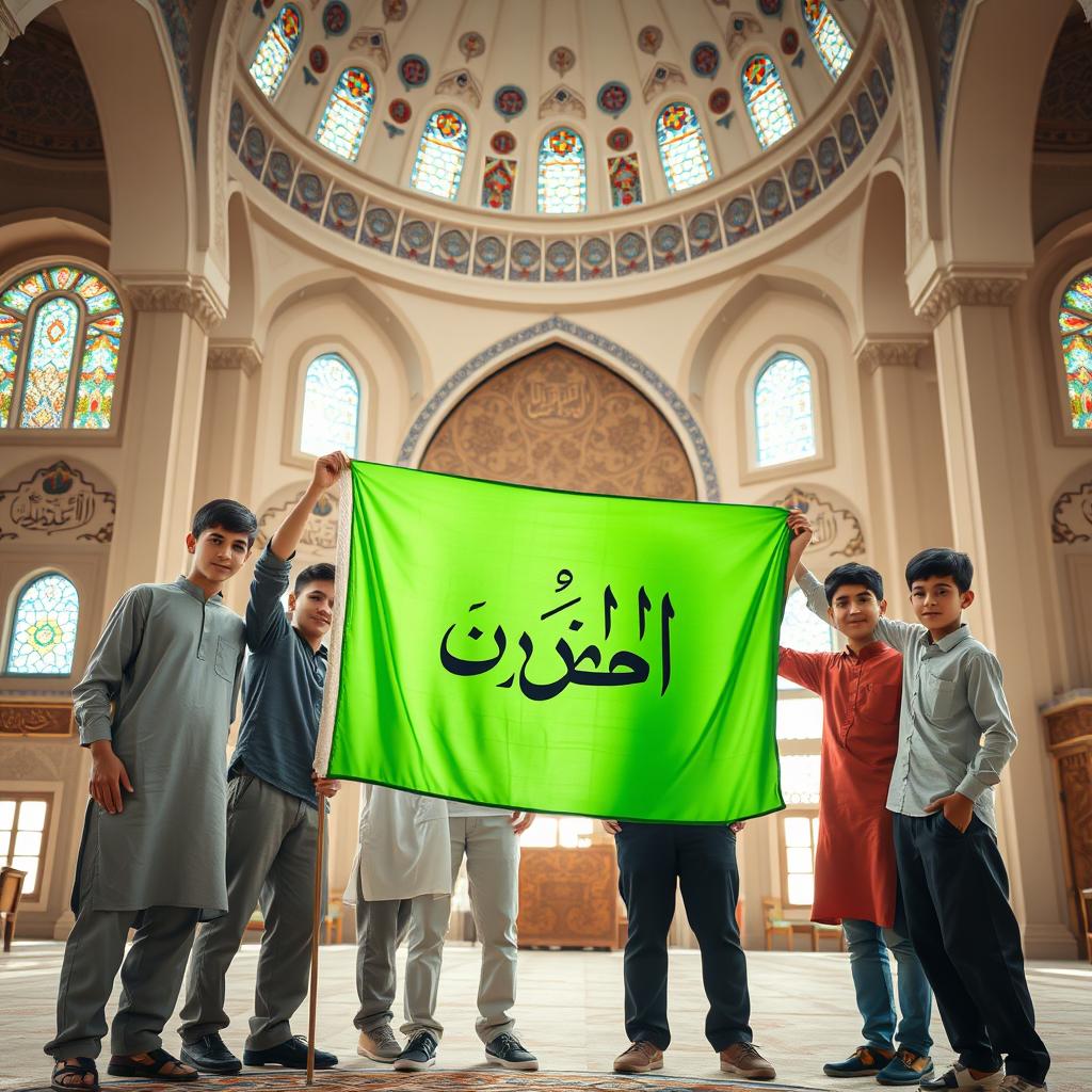 Six teenage boys gathered in a beautiful mosque, holding a vibrant green flag adorned with the Arabic text 'یا حسین' prominently displayed