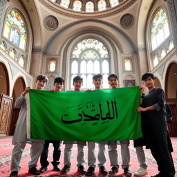 Six teenage boys gathered in a beautiful mosque, holding a vibrant green flag adorned with the Arabic text 'یا حسین' prominently displayed