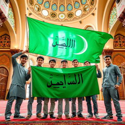 Six teenage boys gathered in a beautiful mosque, holding a vibrant green flag adorned with the Arabic text 'یا حسین' prominently displayed