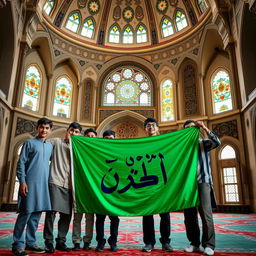 Six teenage boys gathered in a beautiful mosque, holding a vibrant green flag adorned with the Arabic text 'یا حسین' prominently displayed
