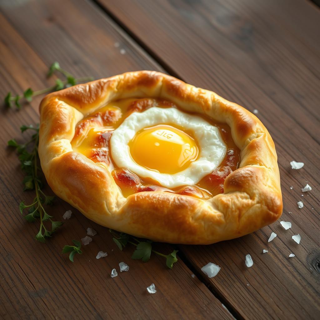 A beautifully crafted Adjaruli khachapuri, a traditional Georgian cheese-filled bread, is presented on a rustic wooden table