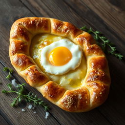 A beautifully crafted Adjaruli khachapuri, a traditional Georgian cheese-filled bread, is presented on a rustic wooden table