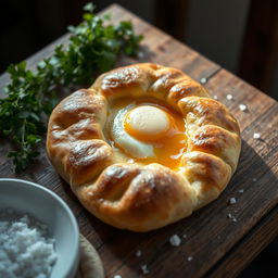 A beautifully crafted Adjaruli khachapuri, a traditional Georgian cheese-filled bread, is presented on a rustic wooden table