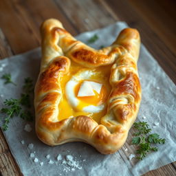A beautifully crafted Adjaruli khachapuri, a traditional Georgian cheese-filled bread, is presented on a rustic wooden table