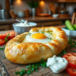 A beautifully styled Adjaruli khachapuri, a traditional Georgian cheese bread, shaped like a boat and filled with a gooey mixture of melting cheese, butter, and an egg cracked on top, sitting on a rustic wooden table